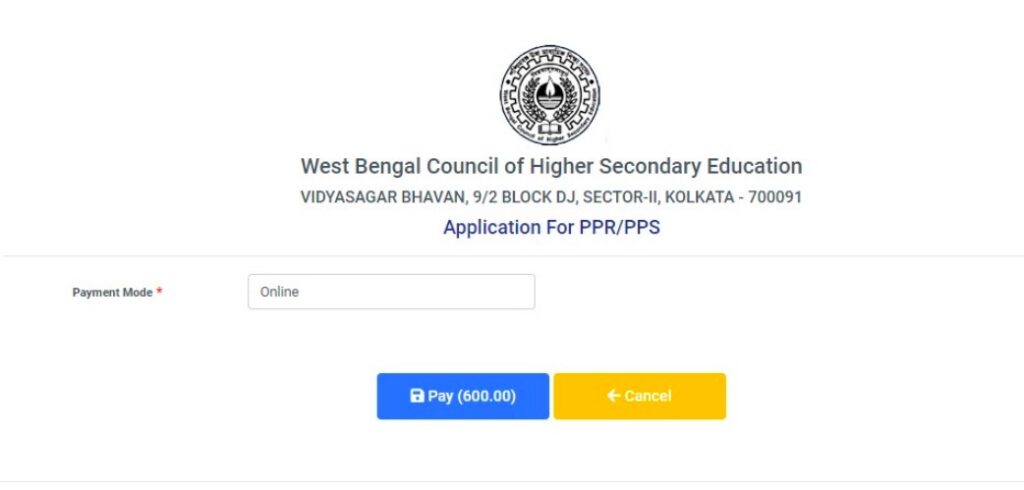WB HS PPS PPR Application Fees Payment