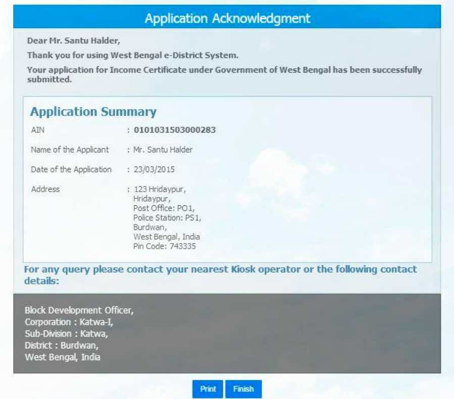 West Bengal e-District Application Acknowledgement.