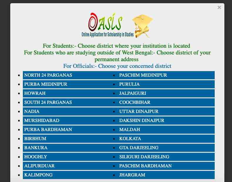 WB OASIS Scholarship 2020: Apply Online SC, ST, OBC Scholarship 3 OASIS Scholarship district list for students