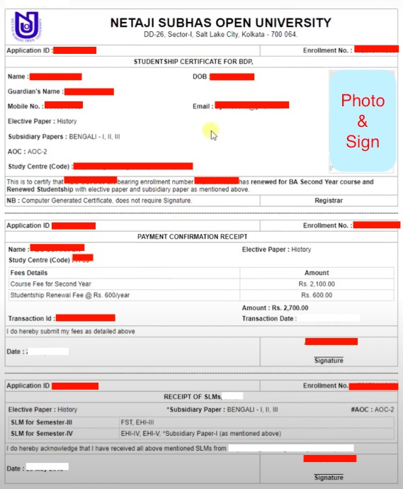 NSOU BDP Studentship Certificate, Payment Confirmation Receipt, SLM Receipt