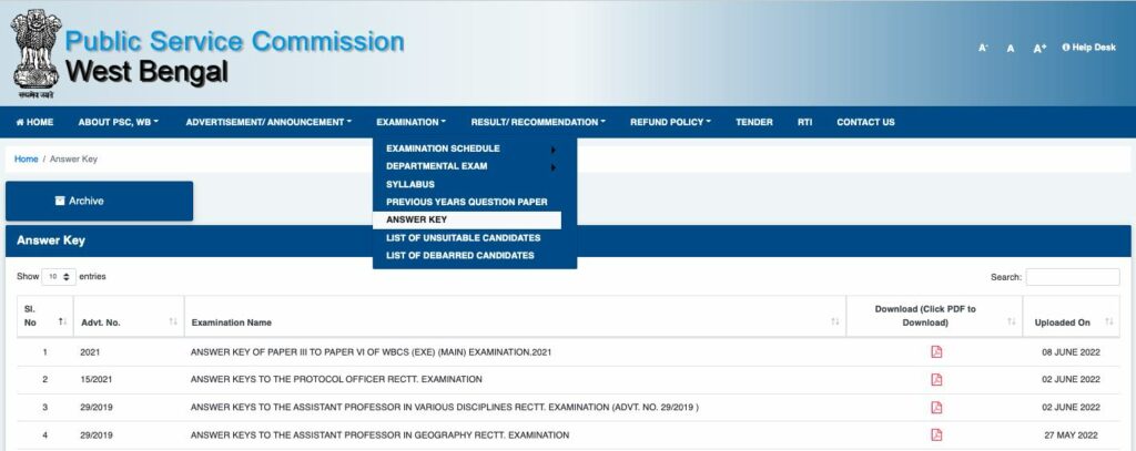 WBCS Exe 2022 Prelims Answer Key